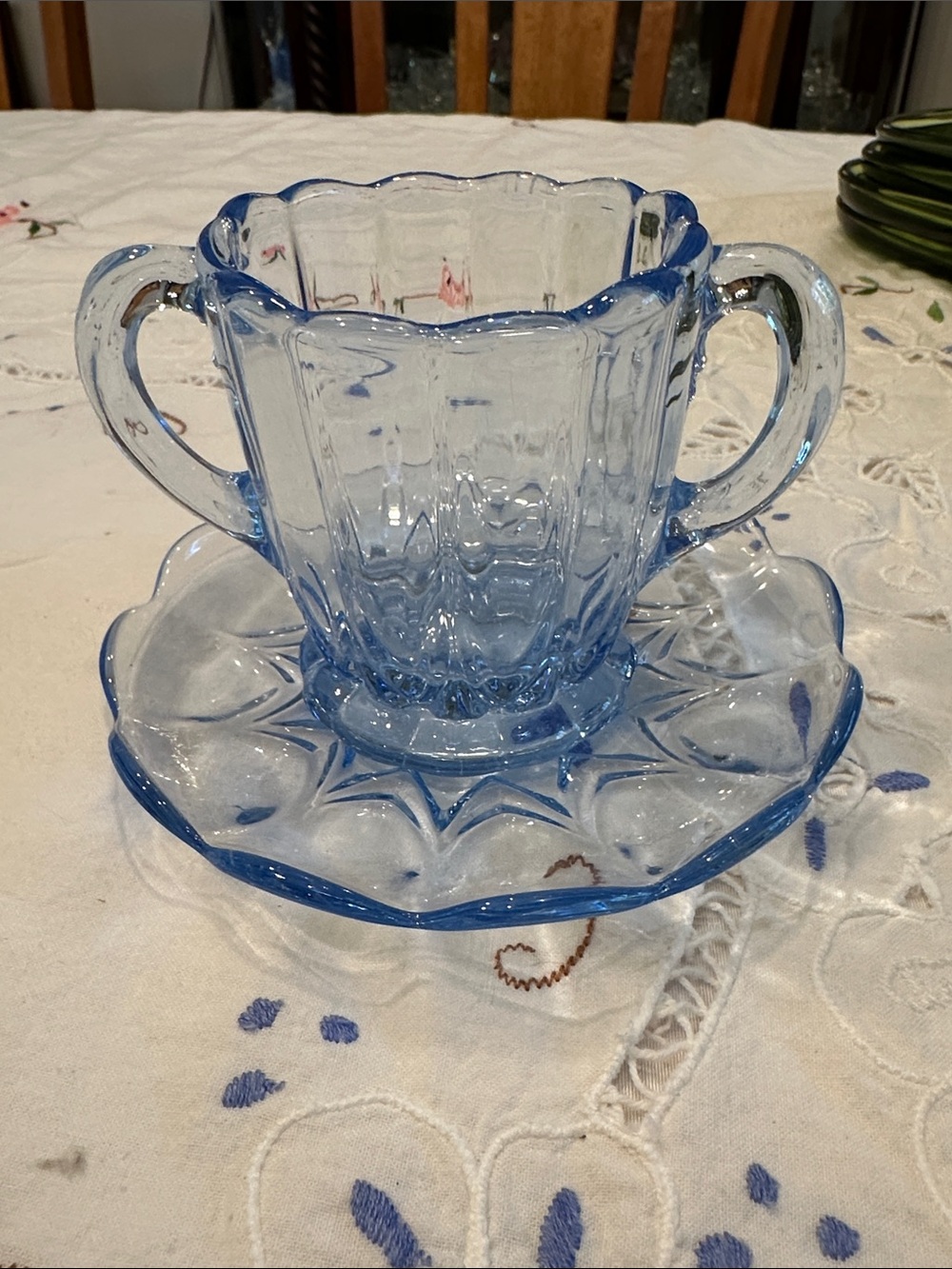 Blue Depression Glass Sugar Bowl with Matching Underplate